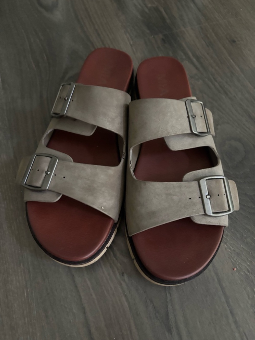 MIA Taupe Double-Buckle Slides with Burgundy Footbed